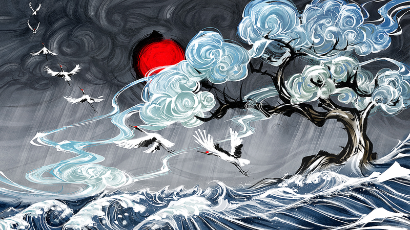 Yuumei, digital art, water, clouds, waves, Japanese Art, birds, flying, sea, trees, brush, painting