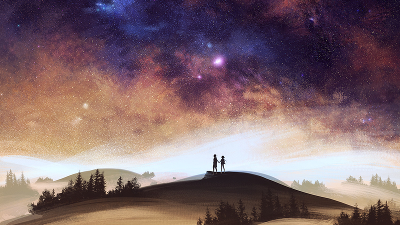 Yuumei, digital art, couple, holding hands, sky, stars, hills, trees