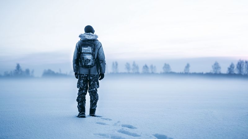 man, snow, tourist, backpack, winter, 4k