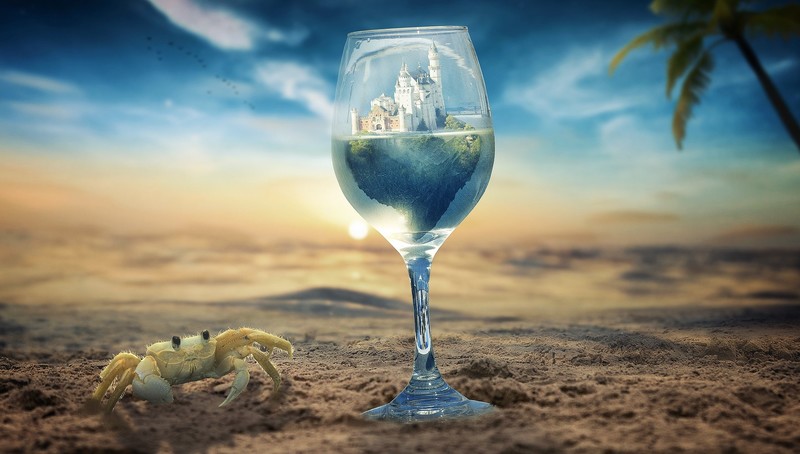 digital art, crabs, sand, drinking glass, beach, castle