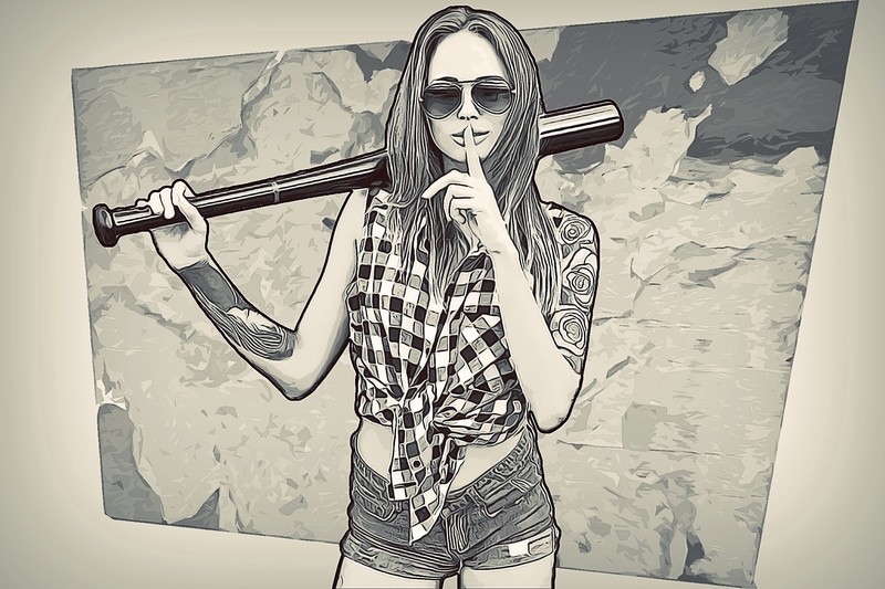 women, artwork, monochrome, women with shades, baseball bat