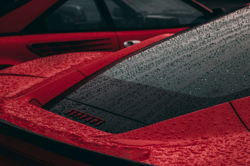Ferrari, water drops, depth of field, red, rain, Monsoon