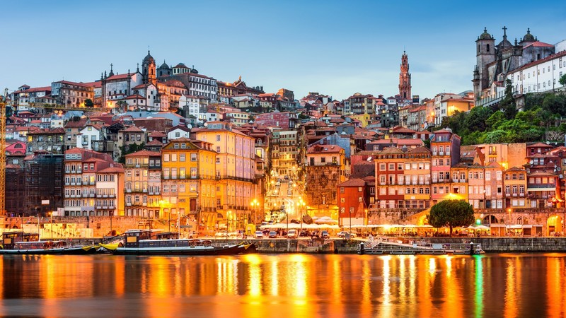 Portugal, Porto, city, sea, city lights, building