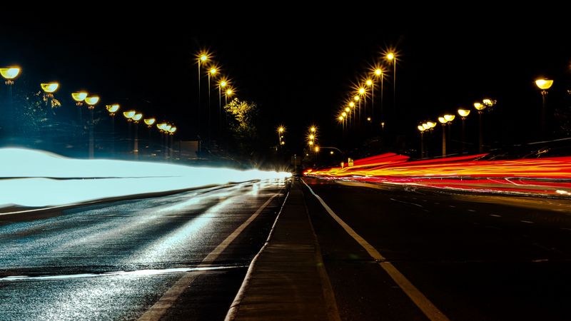 road, night, lighting, long exposure, 4k