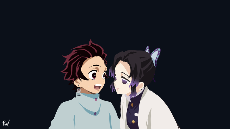 anime, anime girls, anime boys, Kimetsu no Yaiba, Kamado Tanjirō, Kochou Shinobu, minimalism