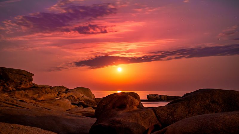 sea, rocks, sunset, sky, spain, 4k