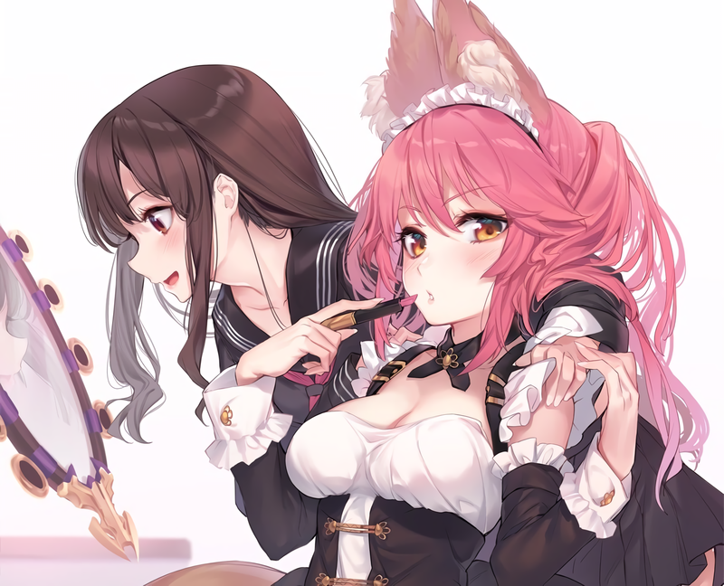 Tamamo no Mae (fate/grand order), animal ears, blush, pink hair, black hair, cleavage, long hair, maid, headdress, school uniform, tail, mirror, orange eyes