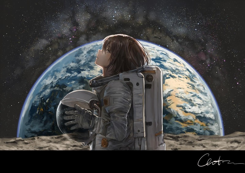artwork, science fiction, astronaut, planet, Earth, anime girls, catzz