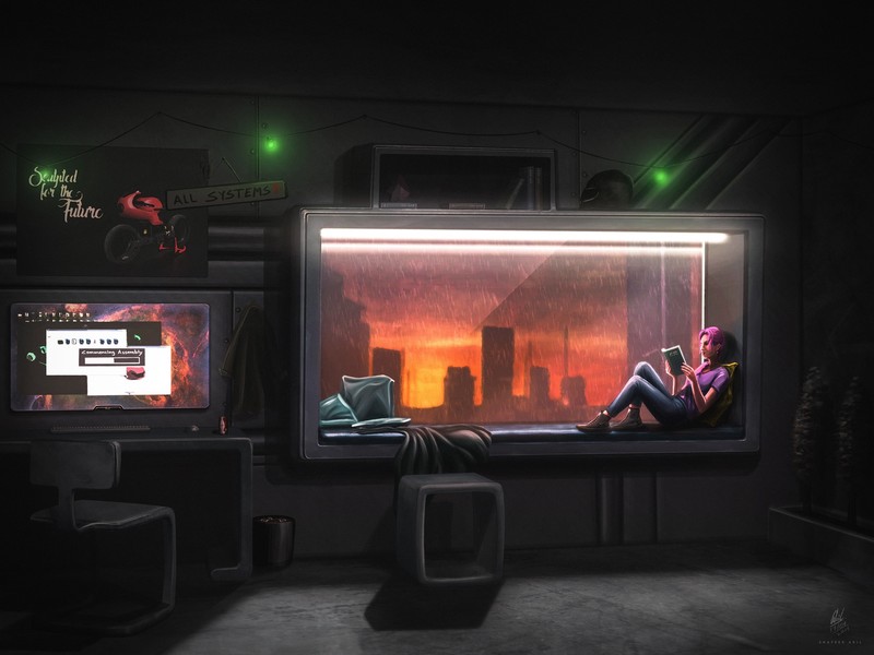 by the window, Morina, Shafeek Akil, sitting, dusk, interior, concept art