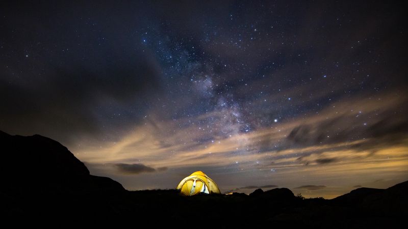 tent, starry sky, night, stars, 4k