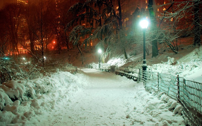 city, lights, snow, building, park, evening, sidewalks, fence, trees, winter