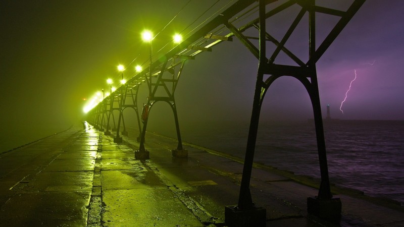bridge, night, lights, road, rain, lightning, sea, tracks, railway, sky, Tower Bridge