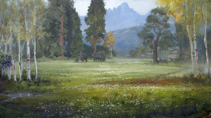 mammoths, forest, trees, green, painting, prehistoric