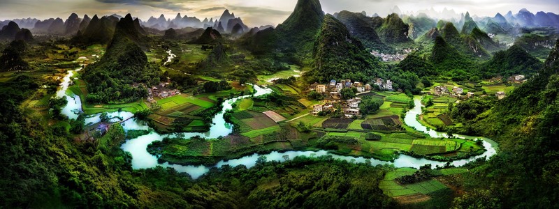 nature, landscape, river, hills, hill, field, village