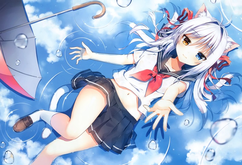reflection, animal ears, school uniform, white hair, thigh-highs, umbrella, clouds, long hair, cat girl, sky, tail, bubbles, heterochromia