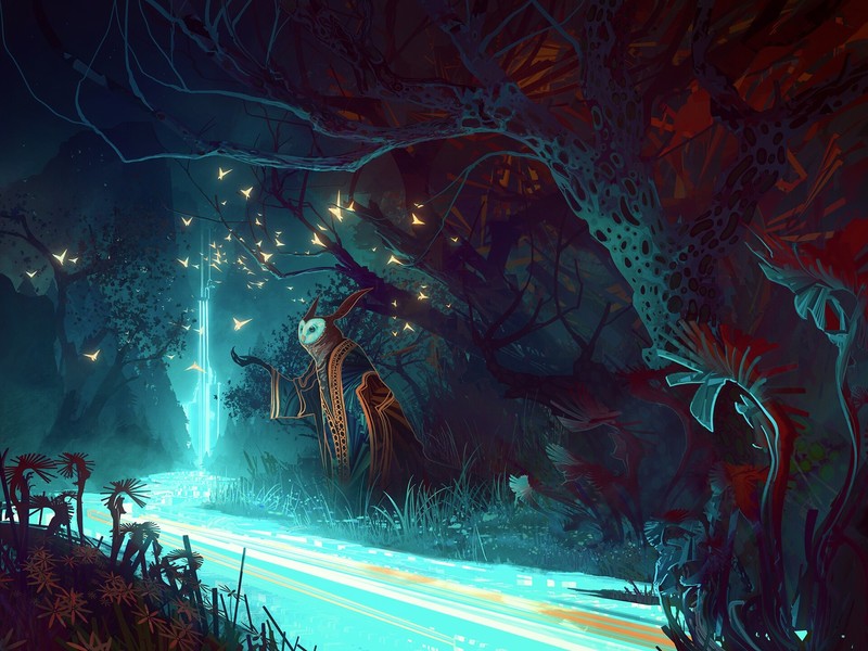 owl, nature, fantasy art, artwork, Bastien Grivet, butterflies, waterfall, cyan