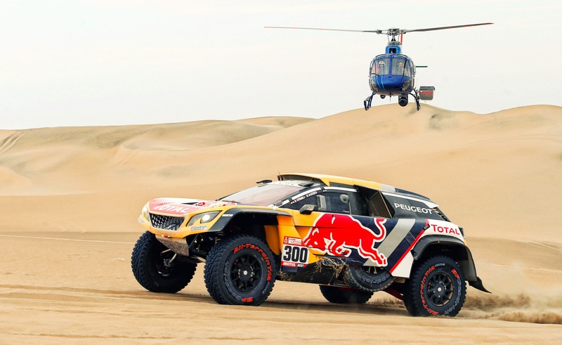 race cars, car, desert, helicopter, vehicle, racing, Rally, Peugeot