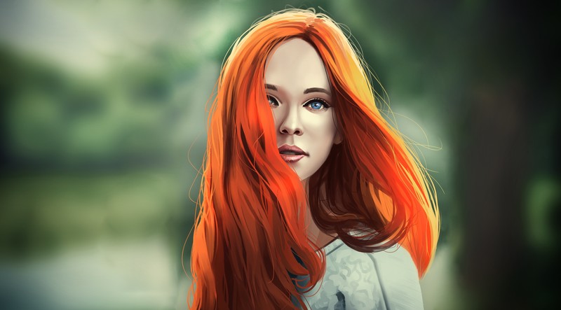 women, redhead, artwork, blue eyes, long hair, face, portrait