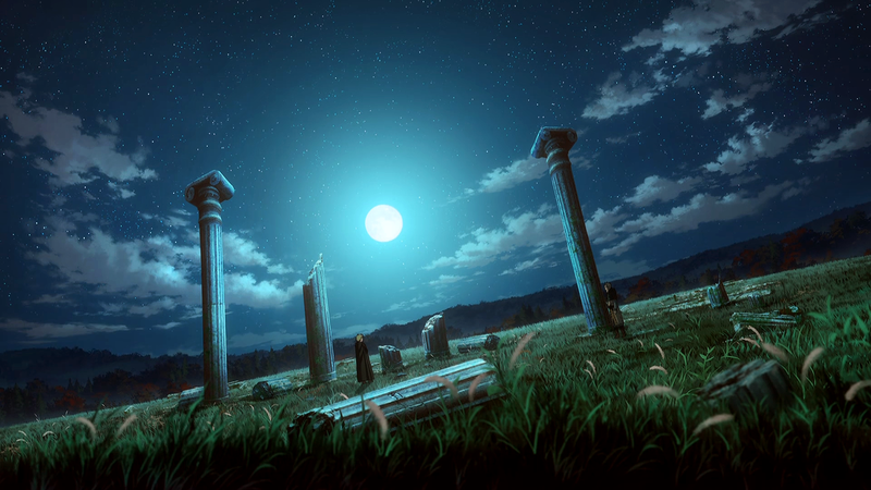 Vinland Saga, landscape, ruins, night, night sky, Moon, stars, clouds, roman empire, England, anime, manga, trees, grass, Makoto Yukimura, Wit Studio, Thorfinn, Vikings, yellow hair, Askeladd, cloaks, standing