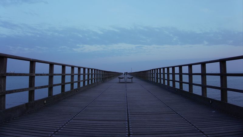 pier, benches, sea, clouds, 4k