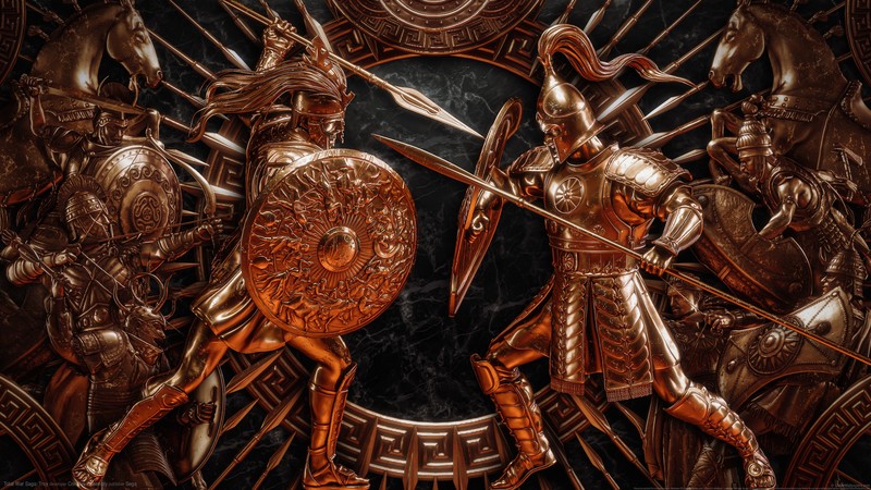 Total War Saga: TROY, video games, ancient greece, digital art, video game art, shield, spear, Spartans, horse, bow, billelis