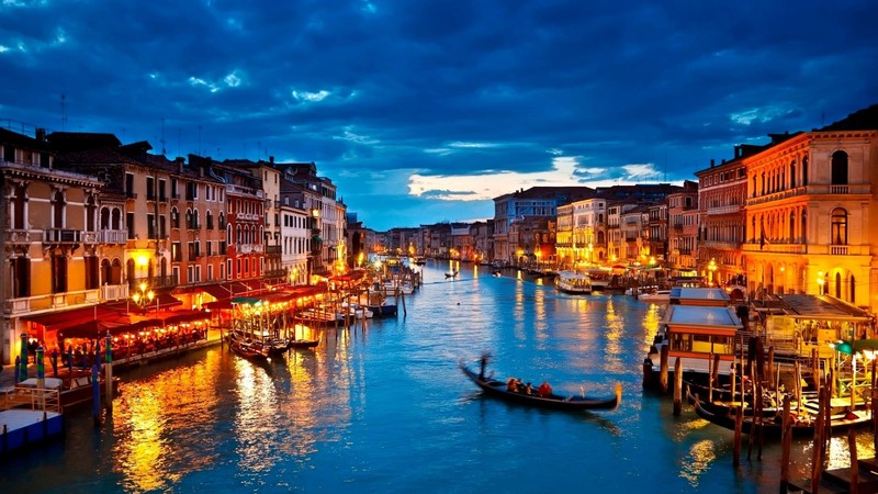 Venice, Italy, city, night, city lights, gondolas, water, river, building