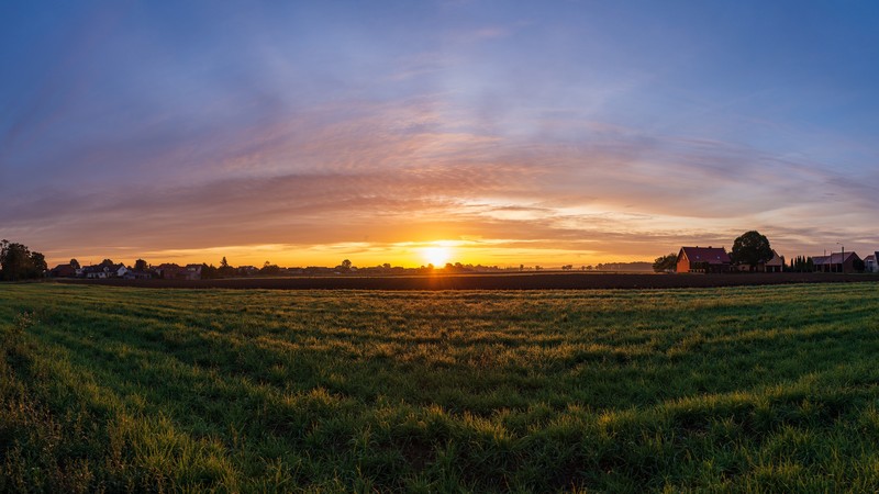 nature, landscape, sunrise, orange sky, village, Poland, panorama