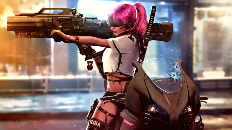 science fiction, digital art, concept art, artwork, futuristic, fantasy art, fan art, 3D, CGI, cyberpunk, cyber, fantasy girl, women, belly, katana