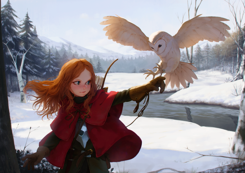 anime girls, anime, original characters, redhead, long hair, archer, hunter, owl, trees, forest, snow, winter, artwork, digital art, drawing, environment, birds