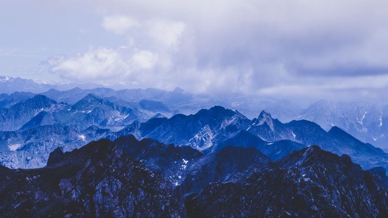 mountains, peaks, clouds, blue, 4k