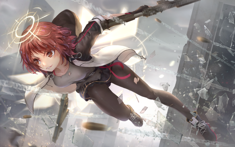 Arknights, pantyhose, redhead, short hair, gun, Exusiai (Arknights)
