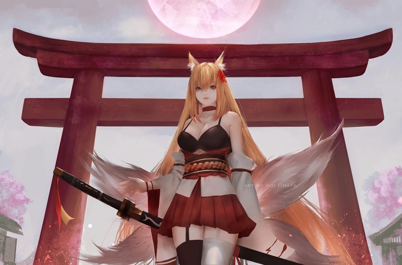 anime girls, anime, original characters, fantasy girl, fox girl, blonde, long hair, foxy ears, tail, dress, detached sleeves, thigh-highs, katana, weapon, necklace, looking at viewer, red eyes, torii, moonlight, sky, artwork, digital art, drawing, Aoi Ogata, tori