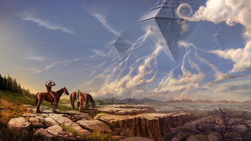 artwork, fantasy art, Native Americans, science fiction, spaceship