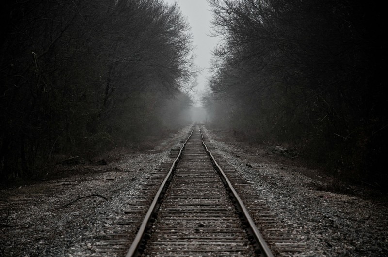 railway, dark, outdoors, railroad track, gloomy, depressing, mist ...