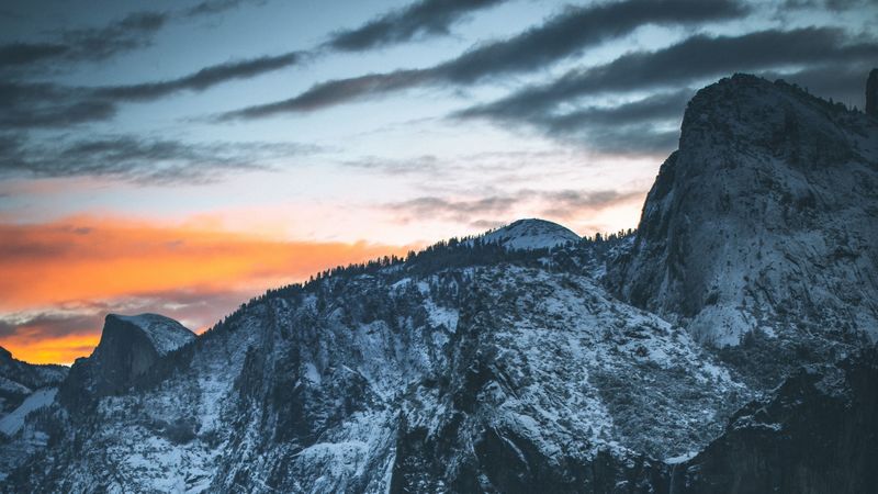 mountains, snow, snowy, fog, sunset, sky, 4k