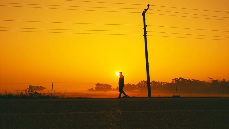 silhouette, sunset, pole, wires, walk, 4k