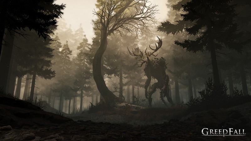 Greedfall, video games, dark, forest, fantasy art