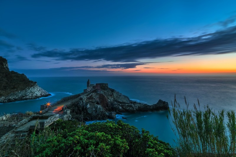 sea, coast, horizon, Liguria, church, landscape