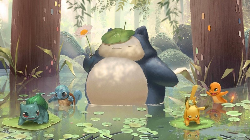 Pokémon, artwork, Snorlax, Bulbasaur, Pikachu, Squirtle, Charmander, swamp, trees, lily pads, flowers, nature, fantasy art
