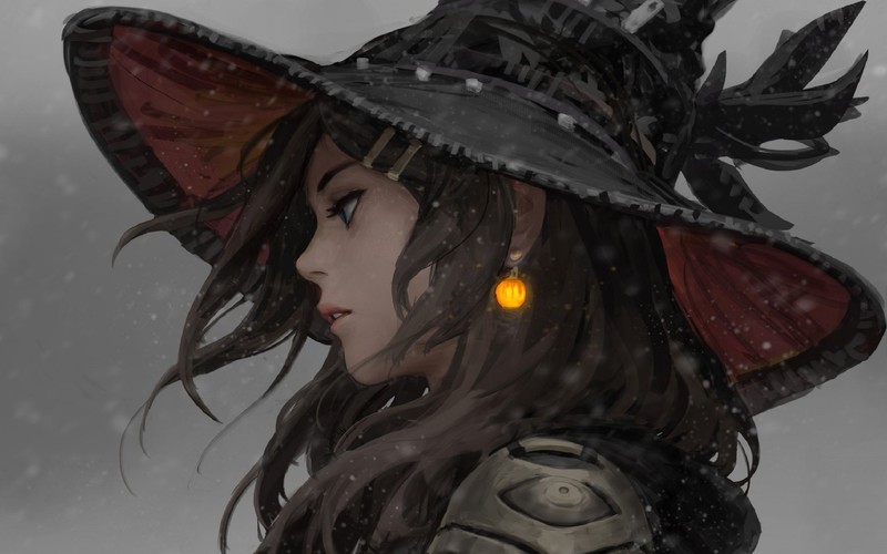 artwork, digital art, women, hat, brunette, long hair, side view, GUWEIZ