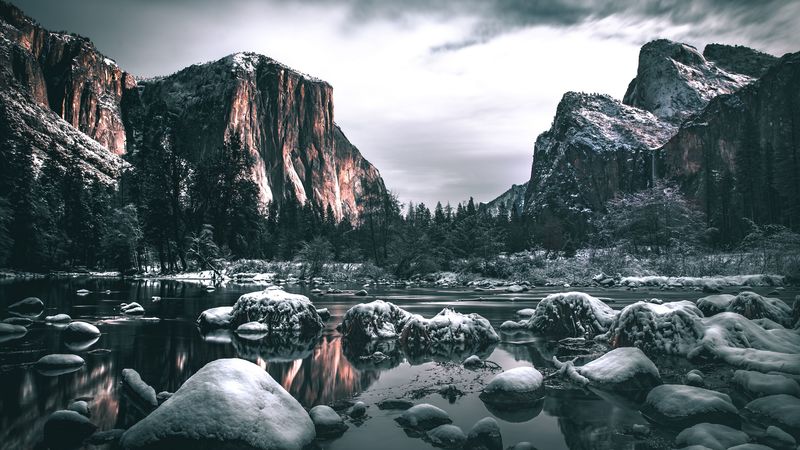 mountains, ice, snow, river, landscape, 4k