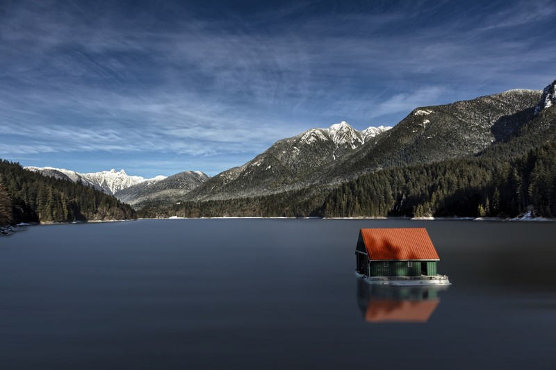 lake, water, mountains, nature, house, building