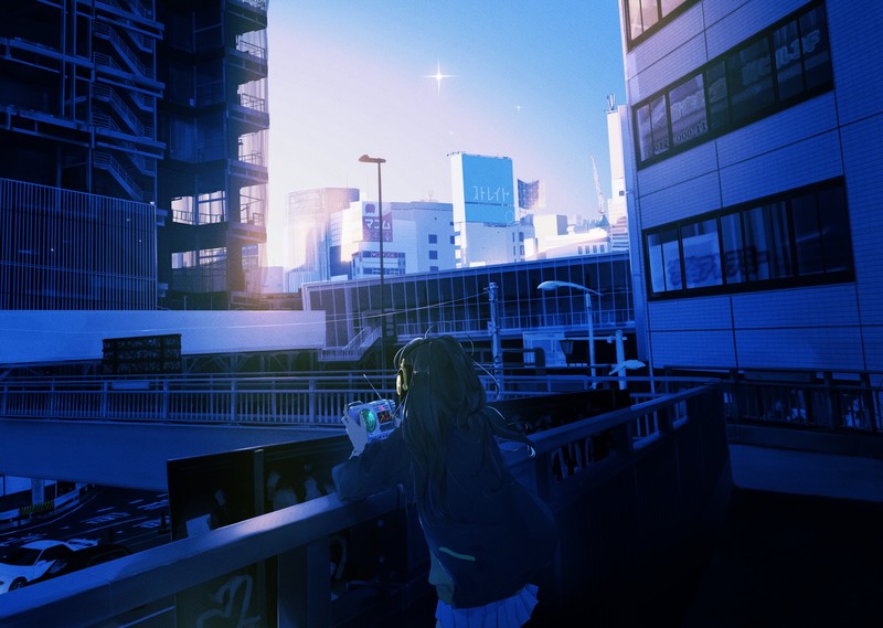 long hair, headphones, radar, signs, bridge, car