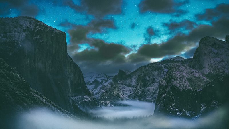 mountains, starry sky, fog, clouds, 4k
