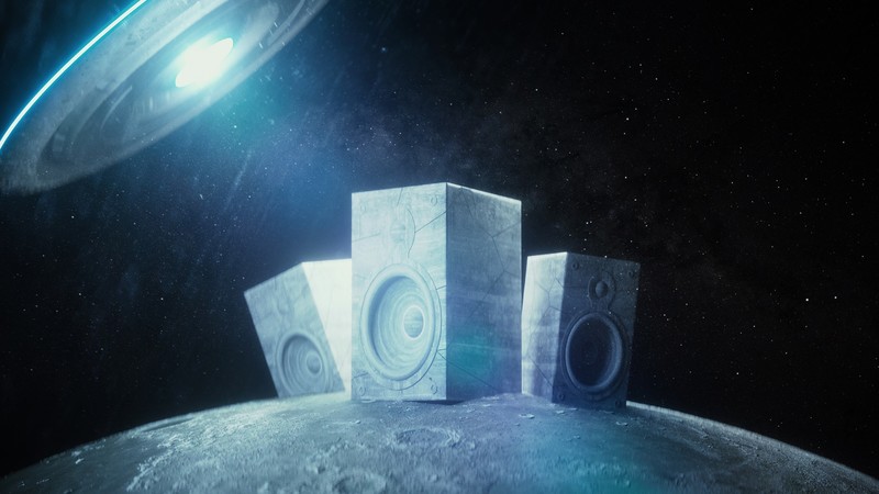 artwork, space, speakers, digital art, space art, cyan