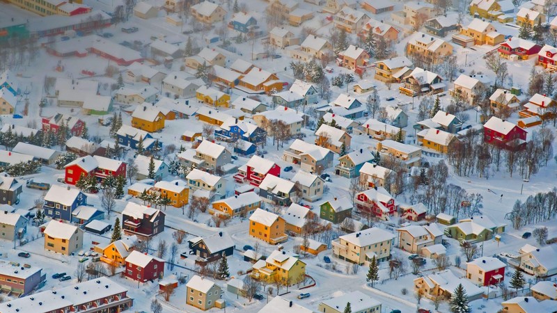 landscape, aerial view, tilt shift, house, colorful, building, snow, winter