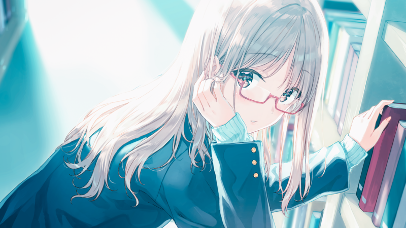 anime girls, glasses, looking at viewer, library, Hiten