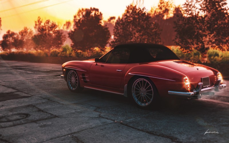 car, red cars, Convertible, sunrise, backlight, Retro car, road, trees