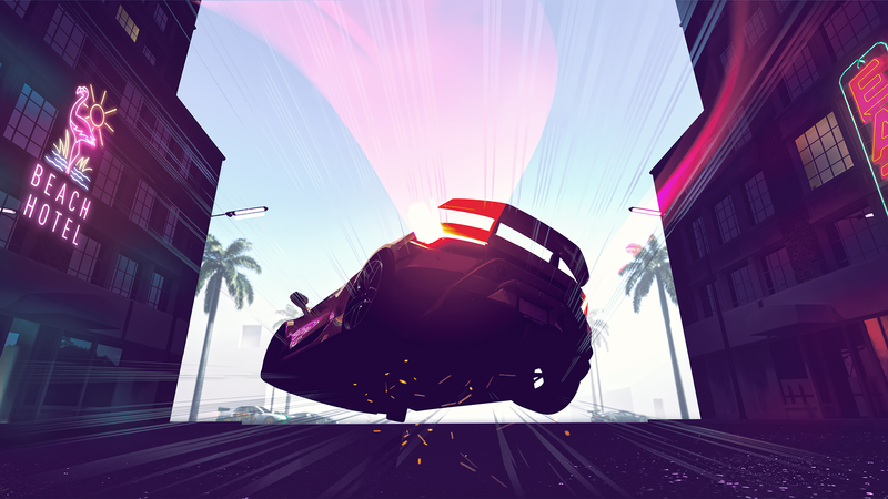 Need for Speed, video games, car, digital art, violet, purple, palm trees, city