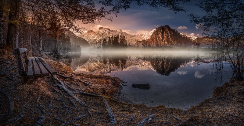 nature, mountains, bench, plants, landscape, water, reflection